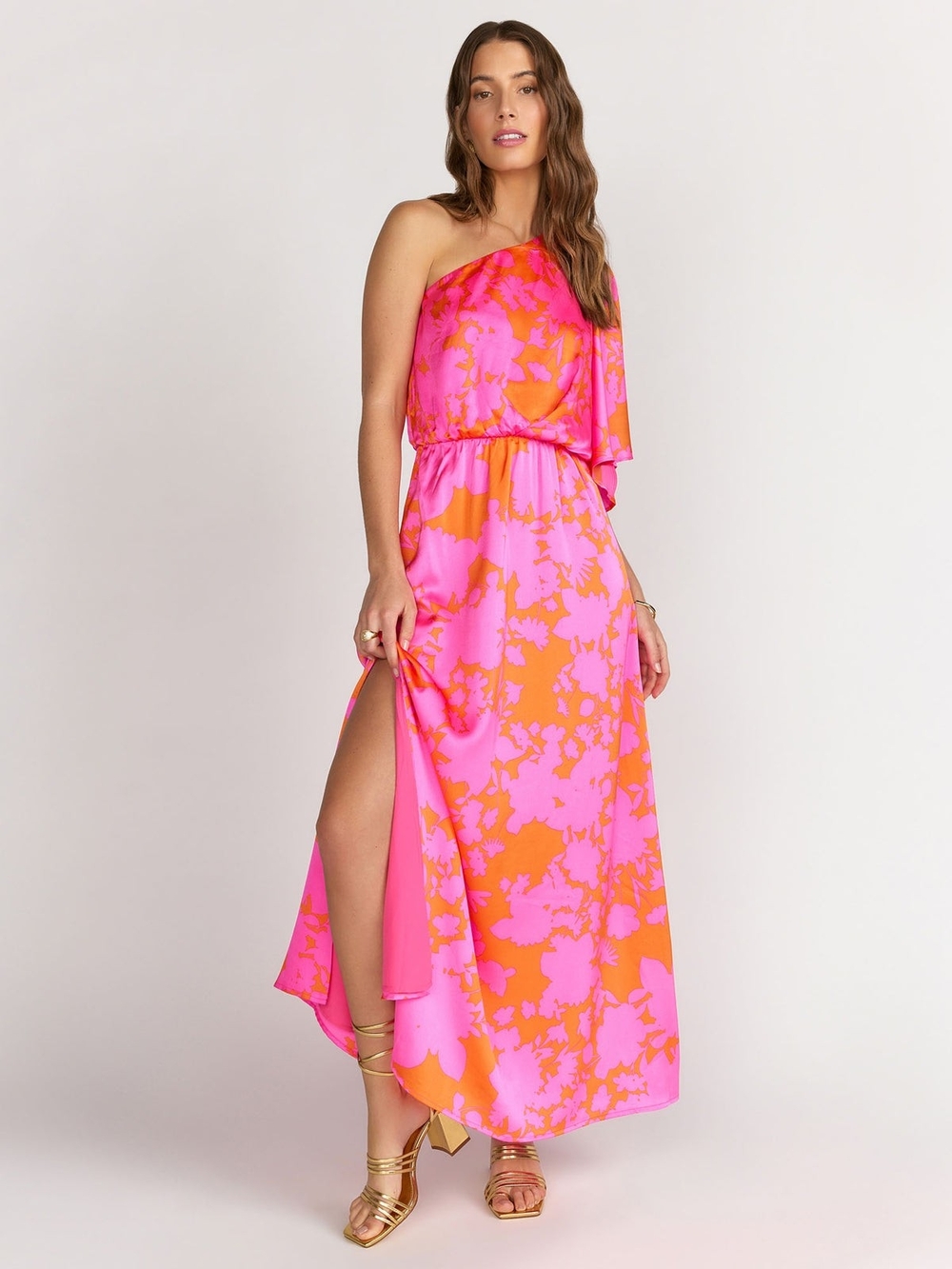 Sugarlips One-Shoulder Floral Maxi Dress in Hot Pink & Orange